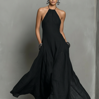 Women's Minimalist Linen Blend Halter Neck Sleeveless Maxi Dress MDZ2210A0Y
