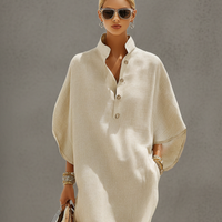 Women's Oatmeal Linen Dress With Mandarin Collar & Dolman Sleeves, Timeless Resort-Casual Style Dress MDZ0552B1I