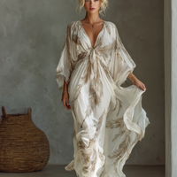 Women's Ivory And Taupe Chiffon Fabric Dolman Sleeve Maxi Dress With Twist Front & Palm Leaf Print MDZ0332B6T