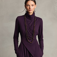 Women's Purple Bohemian Cotton Stretch Turtleneck Asymmetrical Draped Maxi Dress MDA2055J9I