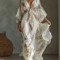 Women's Ivory And Taupe Chiffon Fabric Dolman Sleeve Maxi Dress With Twist Front & Palm Leaf Print MDZ0332B6T
