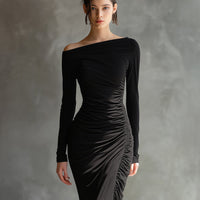 Women's Black Elegant Jersey Off - Shoulder Ruched Slit Maxi Dress MDA2125H9I