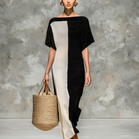 Women's Minimalist Knitted Boat Neck Short-sleeved Maxi Dress MDZ0969A4Y