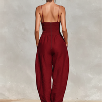 Women's Red Linen Jumpsuit With Spaghetti Straps & High-Waisted Pleated Pants, Timeless Romantic-Elegant Style Jumpsuit MDZ1915C8I