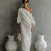 Women's Ivory White Cotton-Linen Blend One-Shoulder Flowing Elegant Dress MDA3032K4T