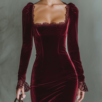 Women's Burgundy Velvet Lace Fitted Maxi Dress MDA1190J4T