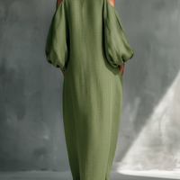 Women's Light Green Cold-Shoulder Maxi Dress With Oversized Puff Sleeves & Side Pockets MDZ1004B7T