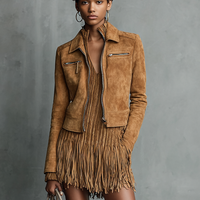 Women's Fashion Cropped Suede Lapel Zipper Jacket MDA2545H7Y