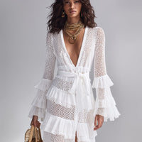Women's Crisp White Crochet Knit Cardigan With Deep V-Neck & Layered Ruffles, Timeless Bohemian-Glam Style Cardigan MDA2372L3I