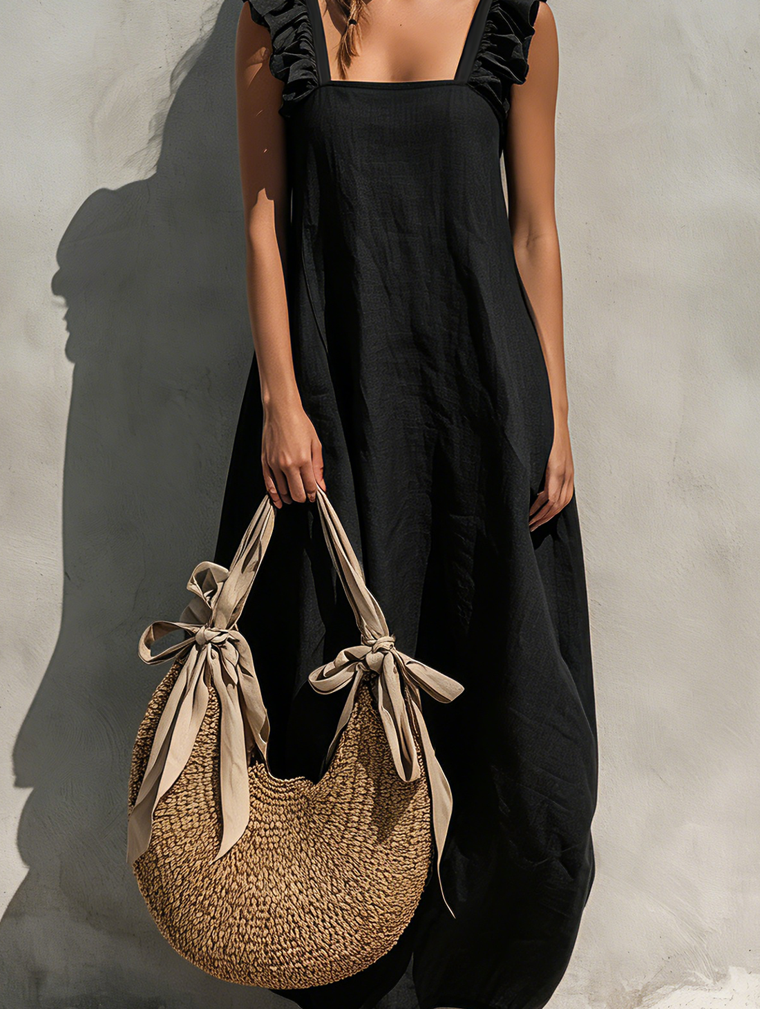 Women's Minimalist Black Cotton-Linen Square-Neck Sleeveless Maxi Dress MDZ0837E0LXY