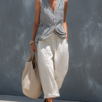 Women's Casual Striped Woven Sleeveless Vest Paired With White Cotton And Linen Trousers Set MDZ2815B5AN