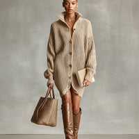 Women's Camel Elegant Button - Front Oversized Mini Cardigan Dress MDA1086J2I