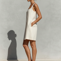 Women's Cream White Linen Mini Dress With Square Neck & Sleeveless Design, Timeless Minimalist-Elegant Style Dress MDZ0168D1I