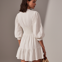 Women's Casual White Cotton-Linen Short Dress With Round Neck, Mid-Length Sleeves, And Zipper Detail MDZ3123C5LXY