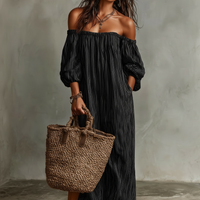 Women's Vacation Cotton-linen Blend Off-shoulder Long-sleeved Maxi Dress MDZ0481B5Y