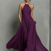 Women's Minimalist Linen Blend Halter Neck Sleeveless Maxi Dress MDZ2210A0Y