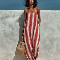 Women's Minimalist Vacation-style Striped Printed Suspender Jumpsuit MDZ1085B0Y