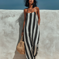 Women's Minimalist Vacation-style Striped Printed Suspender Jumpsuit MDZ1085B0Y