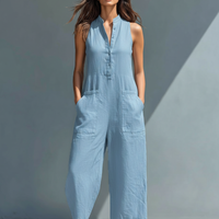 Women's Minimalist Linen Blend Button-up Stand-collar Sleeveless Loose Jumpsuit MDZ2725A5Y
