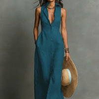 Women's Minimalist Linen-Blend Collared Single-Breasted Sleeveless Maxi Shirt Dress MDZ1011C0Y