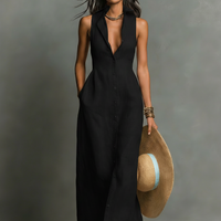 Women's Minimalist Linen-Blend Collared Single-Breasted Sleeveless Maxi Shirt Dress MDZ1011C0Y