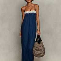 Women's Minimalist Linen-Blend Lace-Paneled Strapless With Spaghetti Straps Maxi Dress MDZ1926C9Y