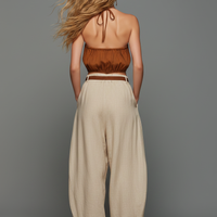 Women's Casual Brown Cotton-Linen Sleeveless Halter Top Paired With Beige Embroidered Trousers MDZ1512D0LXY