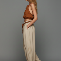 Women's Casual Brown Cotton-Linen Sleeveless Halter Top Paired With Beige Embroidered Trousers MDZ1512D0LXY