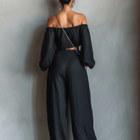 Women's Minimalist Linen Blend Strapless Long-sleeved Blouse And Wide-leg Pants Set MDA1900L7Y