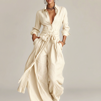 Women's Elegant Brown Woven Cotton-linen Long-sleeved Shirt Collar Jumpsuit With Belt MDA1965L9AN