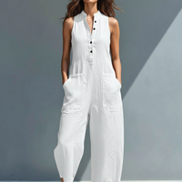 Women's Minimalist Linen Blend Button-up Stand-collar Sleeveless Loose Jumpsuit MDZ2725A5Y