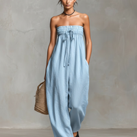 Women's Minimalist Loose-fitting Linen Blend Strapless Jumpsuit With Tie Closure MDZ2024A9Y