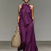Women's Minimalist Linen-blend Sleeveless Maxi Dress With Ruffle Details MDZ1622A0Y