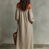 Women's Vacation Cotton-linen Blend Off-shoulder Long-sleeved Maxi Dress MDZ0481B5Y