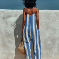 Women's Minimalist Vacation-style Striped Printed Suspender Jumpsuit MDZ1085B0Y