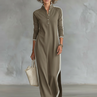 Women's Minimalist White-trimmed Button-down Collar Sweatshirt Dress Maxi Dress MDA0958L0Y