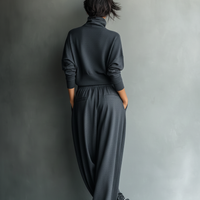 Women's Charcoal Knit Fabric Turtleneck Oversized Top & Wide-Leg Pants Set MDA2435L7T