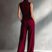 Women's Sleek Cotton-Linen Blend Burgundy Sleeveless Turtleneck Wide-Leg Jumpsuit MDA2292L5AU