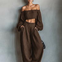 Women's Minimalist Linen Blend Strapless Long-sleeved Blouse And Wide-leg Pants Set MDA1900L7Y