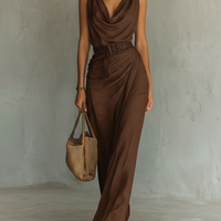 Women's Minimalist Cowl Neck Sleeveless Belted Maxi Dress MDZ1262A0Y