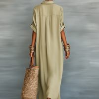 Women's Minimalist Linen Blend Short-sleeved Shirt Maxi Dress MDZ0647A2Y