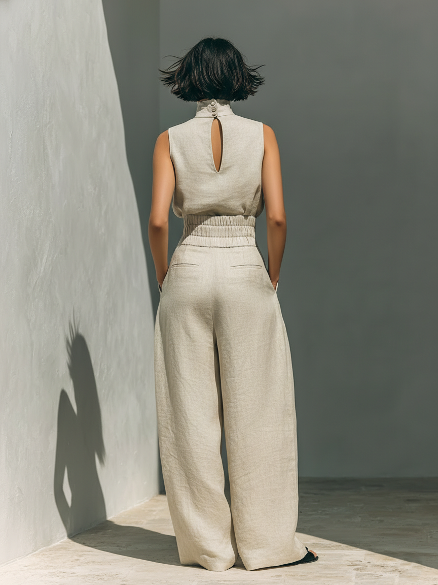 Women's Minimalist Cotton And Linen Blend Sleeveless Blouse And Wide-leg Pants Set MDZ0873A5Y