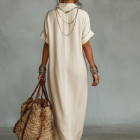 Women's Minimalist Linen Blend Embroidered Short-sleeved Shirt Maxi Dress MDZ0600A1Y