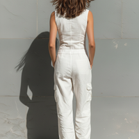 Women's Minimalist Cotton Blend Single-breasted Sleeveless Jumpsuit MDZ1304A4Y
