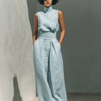 Women's Minimalist Cotton And Linen Blend Sleeveless Blouse And Wide-leg Pants Set MDZ0873A5Y