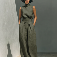 Women's Minimalist Cotton And Linen Blend Sleeveless Blouse And Wide-leg Pants Set MDZ0873A5Y