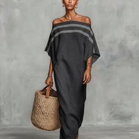 Women's Minimalist Linen Blend Off-the-shoulder Batwing Sleeve Straight-cut Maxi Dress MDZ0949A8Y