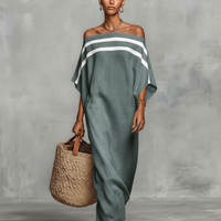 Women's Minimalist Linen Blend Off-the-shoulder Batwing Sleeve Straight-cut Maxi Dress MDZ0949A8Y