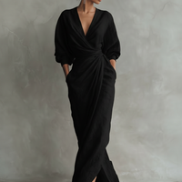 Women's  Pink Minimalist V-neck Linen Blend Maxi Dress MDA1655L0Y