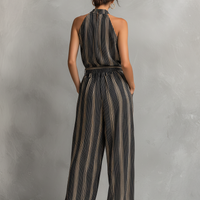 Women's Elegant Striped Printed Woven Round Neck Sleeveless Top Paired With Trousers Set MDZ2706B5AN